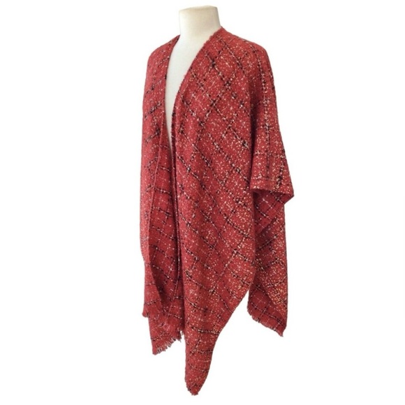 Chico’s One Size Shawl Wrap Red Plaid Fringe Classic - Picture 8 of 8